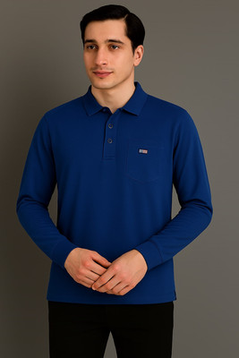 SAND PIPER Solid Men Polo Neck Blue T-Shirt
