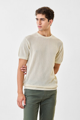 Snitch Self Design Men Crew Neck White T-Shirt