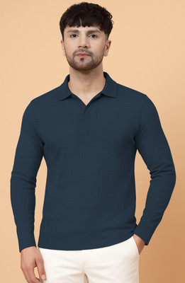 KAJARU Self Design Men V Neck Dark Blue T-Shirt