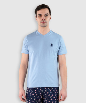 U.S. POLO ASSN. Solid Men V Neck Blue T-Shirt