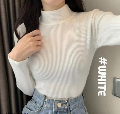 OWN FASHION CLASSIC Self Design Women High Neck White T-Shirt