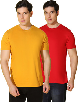 WOOSTRO Solid Men Round Neck Yellow, Red T-Shirt