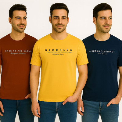 WHITE ROSE Printed Men Round Neck Brown, Yellow, Navy Blue T-Shirt