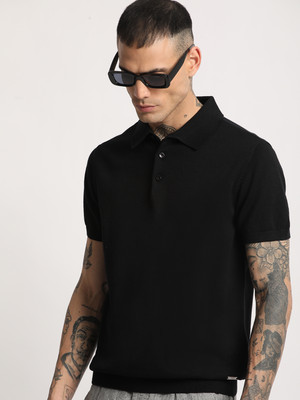 THE BEAR HOUSE Solid Men Polo Neck Black T-Shirt