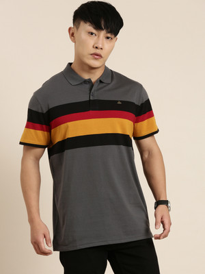 Broon Striped Men Polo Neck Grey T-Shirt