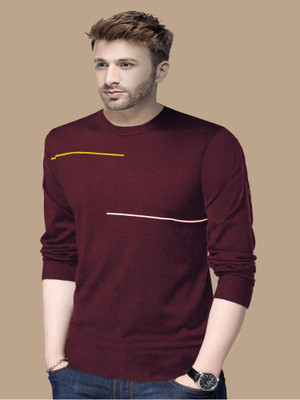 Reya Striped Men Round Neck Maroon T-Shirt