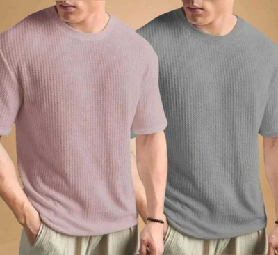BOOM BAAM Self Design Men Round Neck Grey, Pink T-Shirt