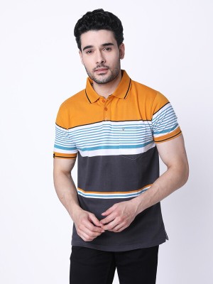 Tessio Striped Men Polo Neck Yellow, Black, Light Blue T-Shirt