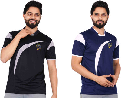 La Milano Graphic Print, Colorblock Men Mandarin Collar Navy Blue T-Shirt