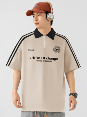 Jump Cuts Printed Men Polo Neck Beige T-Shirt