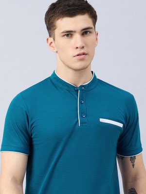 Zigo Solid Men Mandarin Collar Blue T-Shirt