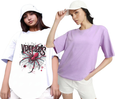 R S Fashion Printed, Solid Women Round Neck White, Purple T-Shirt