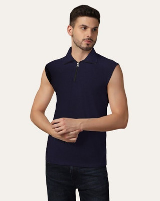 Trendfull Solid Men Polo Neck Navy Blue T-Shirt