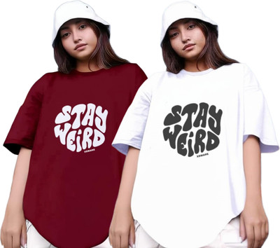 RS FASHION Printed Women Round Neck Maroon, White T-Shirt
