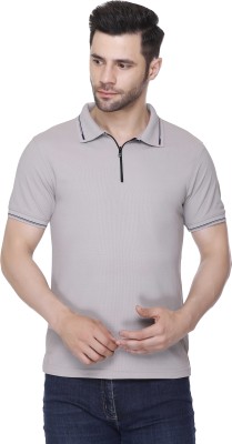 Colors & Blends Solid Men Zip Neck Grey T-Shirt