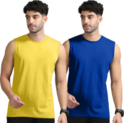 Moordale Solid Men Round Neck Yellow, Dark Blue T-Shirt