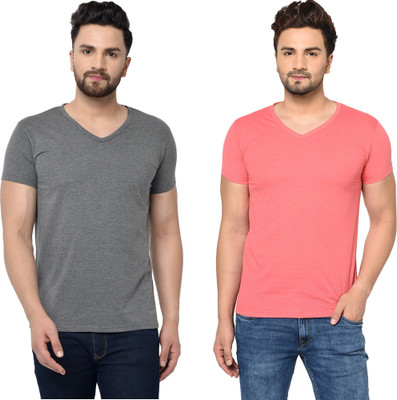 Tresna Fab Solid Men V Neck Grey, Pink T-Shirt