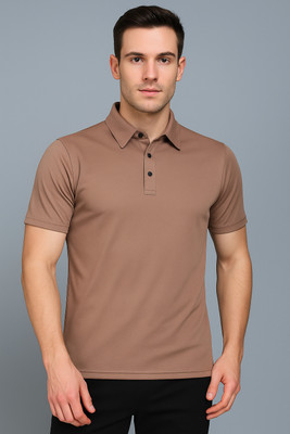 INKKR Solid Men Polo Neck Brown T-Shirt