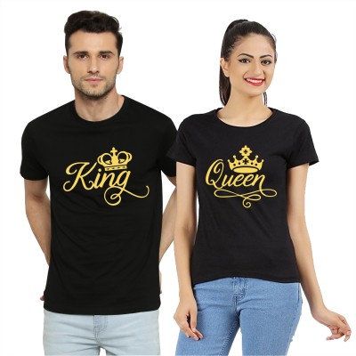 RS Print Printed Couple Round Neck Black T-Shirt