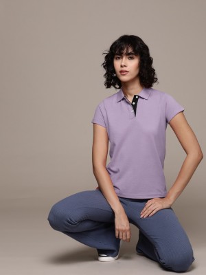 Merriment Solid Women Polo Neck Purple T-Shirt