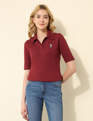 U.S. POLO ASSN. Solid Women Polo Neck Red T-Shirt