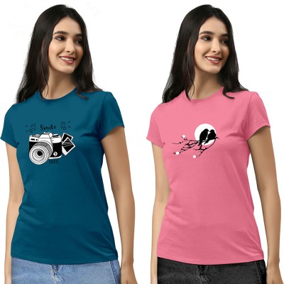 ZentWorld Printed Women Round Neck Dark Blue, Pink T-Shirt