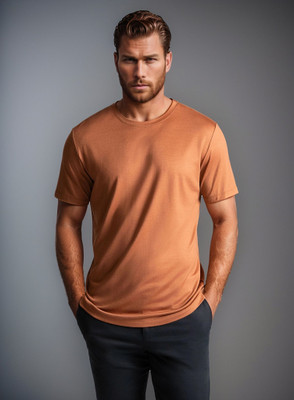 BlueFicus Solid Men Round Neck Brown T-Shirt
