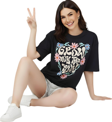 PUBCLUB Printed Women Round Neck Navy Blue T-Shirt