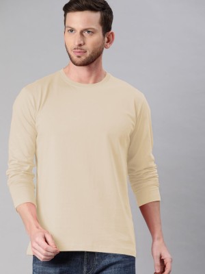 Nilan Tees Wear Solid Men Round Neck Beige T-Shirt