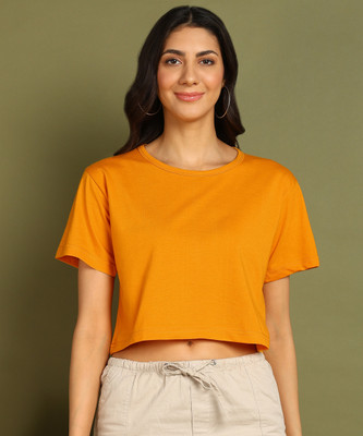 Moda Rapido Solid Women Round Neck Yellow T-Shirt