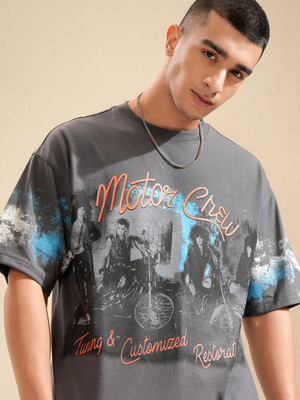 HIGHLANDER Printed Men Round Neck Grey T-Shirt