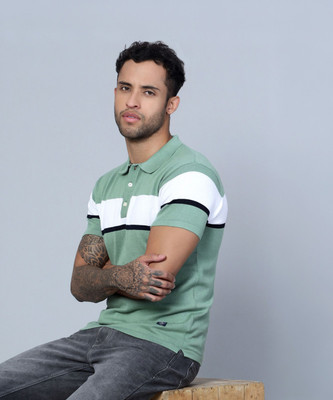 CANTABIL Striped Men Polo Neck Light Green T-Shirt