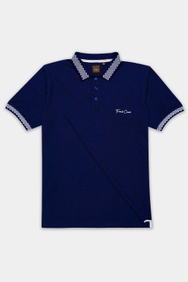 french crown Solid Men Polo Neck Blue T-Shirt