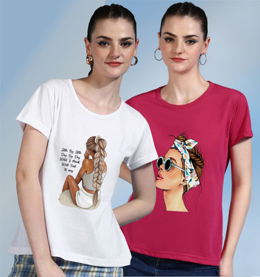 METRONAUT Printed Women Round Neck White, Pink T-Shirt