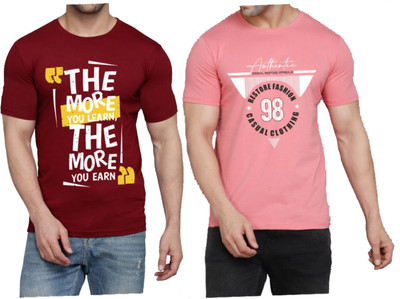 WOOSTRO Printed Men Round Neck Maroon, Pink T-Shirt