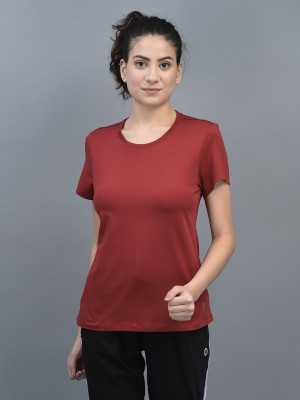 Dollar Missy Solid Women Round Neck Reversible Maroon T-Shirt