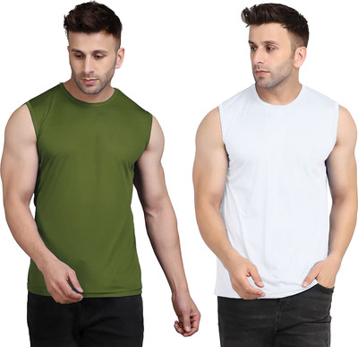 UDI n ADI Solid Men Round Neck Dark Green, White T-Shirt