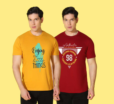 WOOSTRO Typography Men Round Neck Red, Yellow T-Shirt