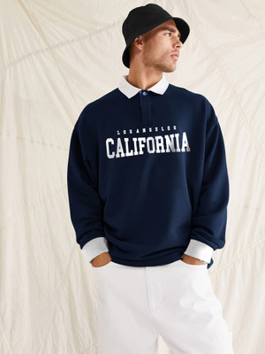 Jump Cuts Typography Men Polo Neck Navy Blue T-Shirt