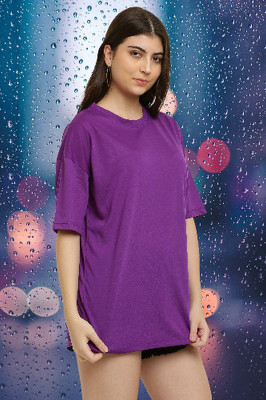 elegance redefined Solid Women Round Neck Purple T-Shirt