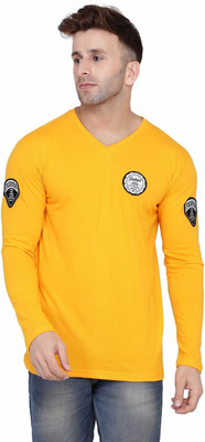 GEUM Printed Men V Neck Yellow T-Shirt