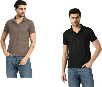 KAVYA Solid Men Boat Neck Brown, Black T-Shirt