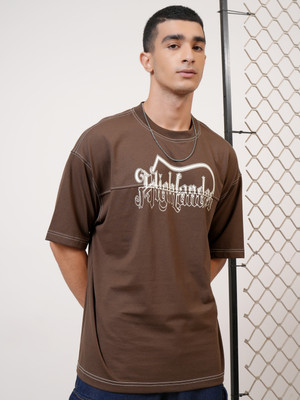HIGHLANDER Printed Men Round Neck Brown T-Shirt