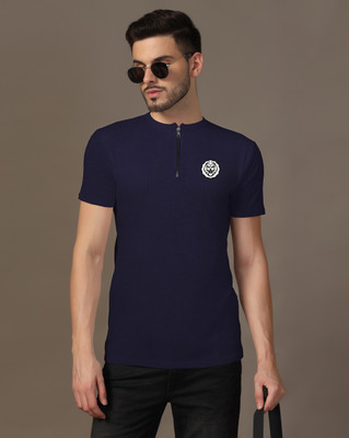 tfurnish Solid Men Mandarin Collar Navy Blue T-Shirt