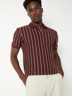 MAX Striped Men Round Neck Maroon T-Shirt