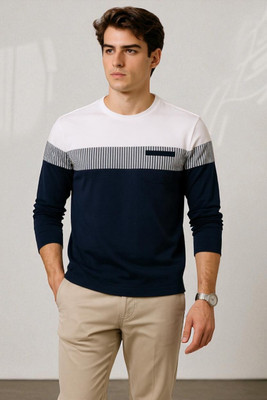 FASHIUM Colorblock Men Round Neck Navy Blue T-Shirt