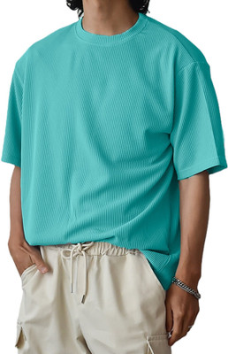 Zilcon Self Design Men Round Neck Reversible Light Blue T-Shirt