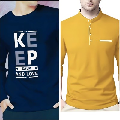 Pachirisu Printed Men Henley Neck Navy Blue, Yellow T-Shirt