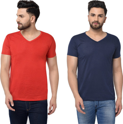 Tresna Fab Solid Men V Neck Dark Blue, Red T-Shirt