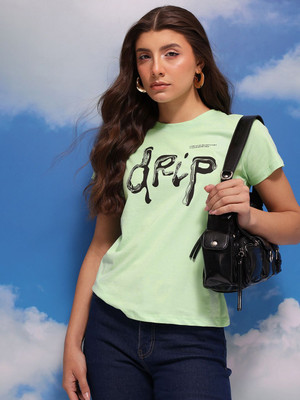 CORSICA Printed Women Round Neck Green T-Shirt